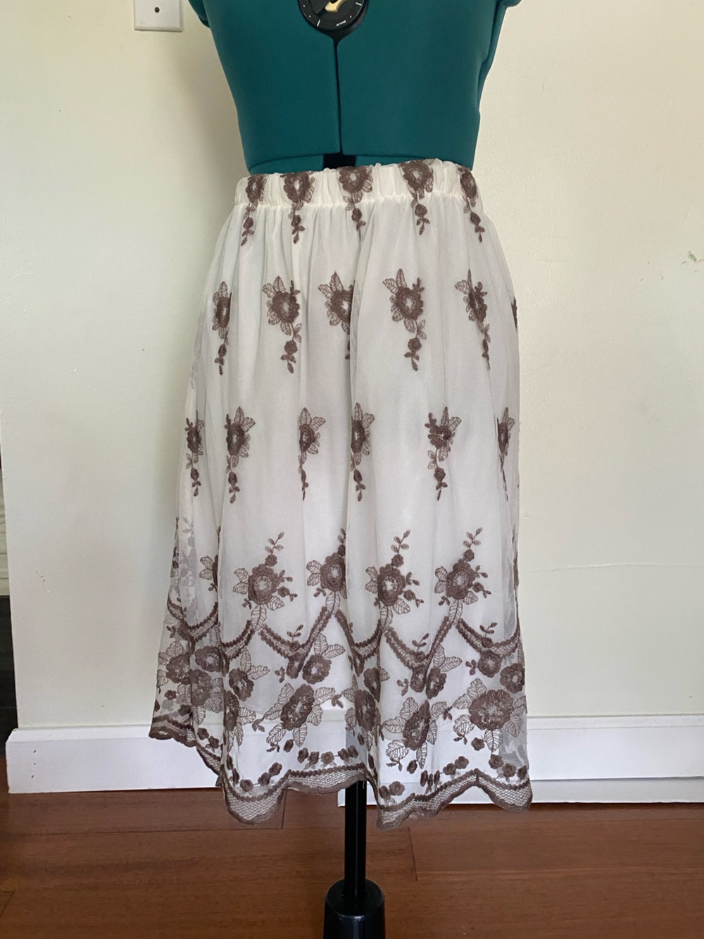 NAIF White Maxi Skirt with Taupe Floral Embroidery